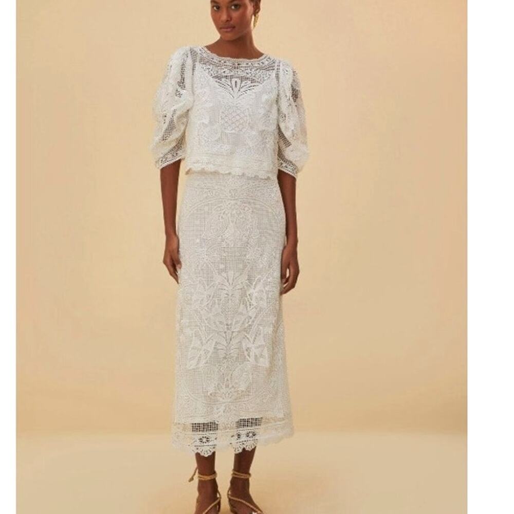Farm Rio White Guipure Crochet Lace Midi Skirt, Coastal Bridal Boho Beachy Large - Picture 2 of 16